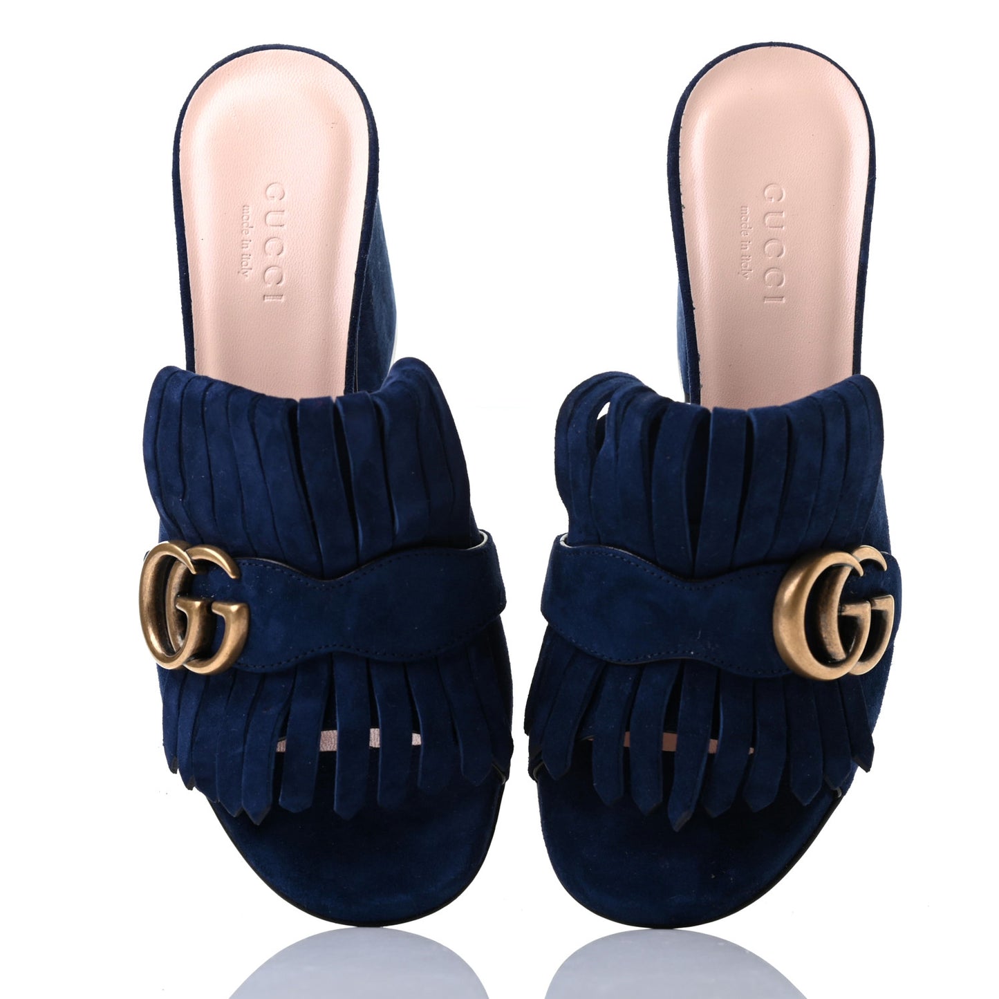Kid Scamosciato GG Marmont Fringe 75mm Slide Sandals 36 Blue Ink