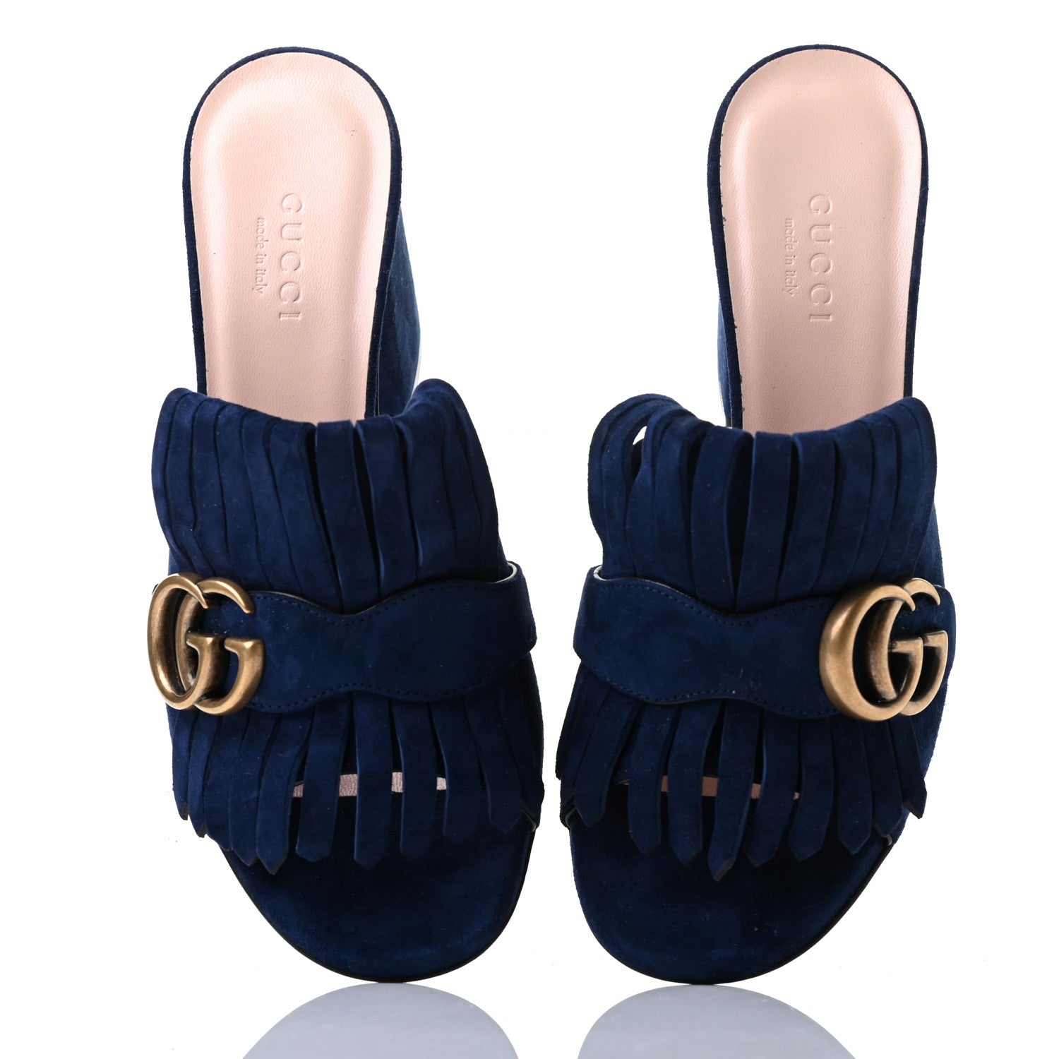 Gucci Kid Scamosciato GG Marmont Fringe 75mm Slide Sandals 36 Blue Ink 8 of 9