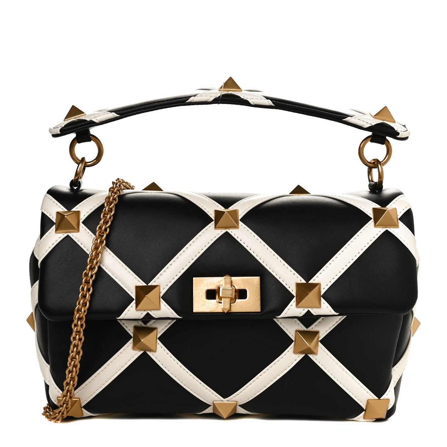 Nappa Large Roman Stud Shoulder Bag Black White