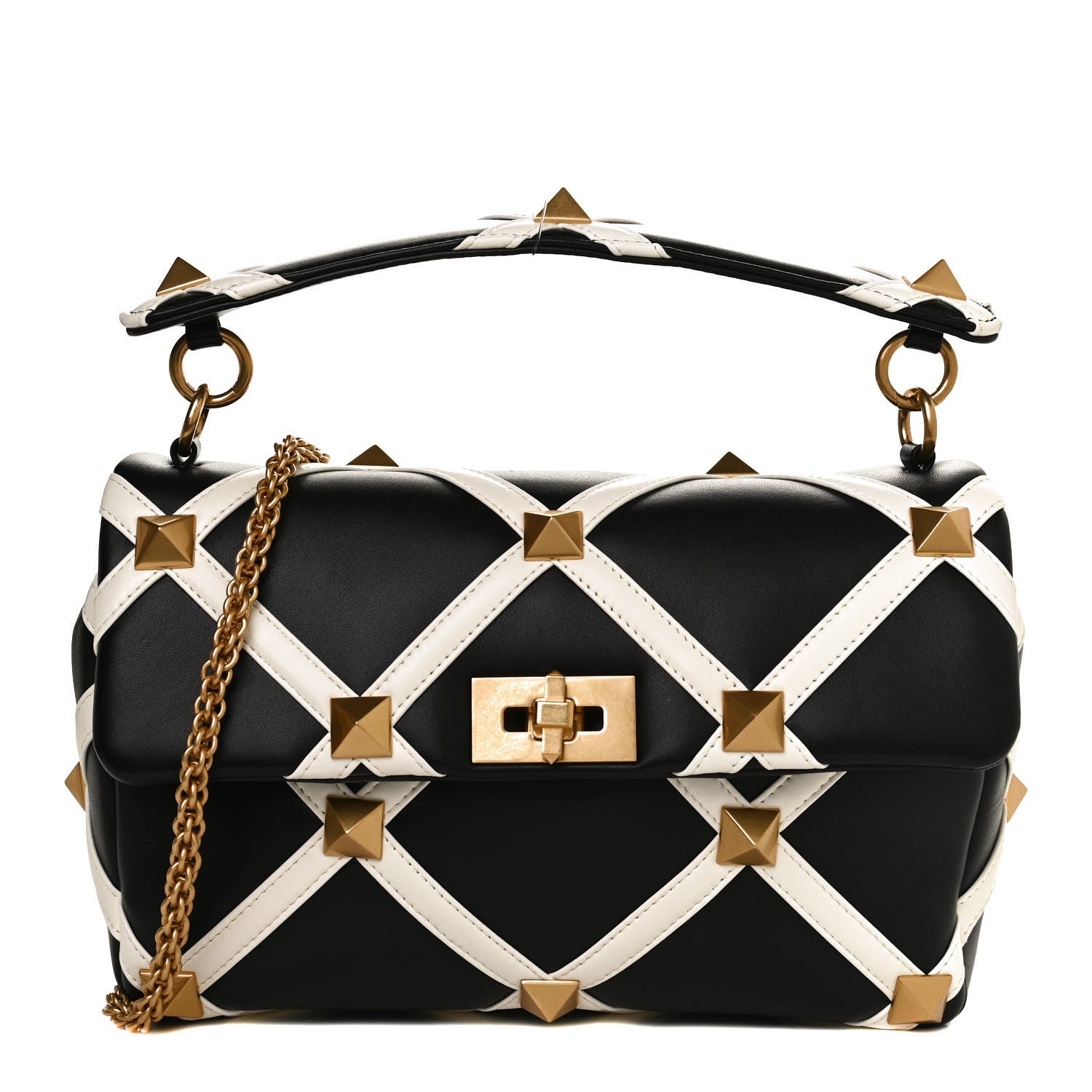 Valentino Garavani Nappa Large Roman Stud Shoulder Bag Black White 2 of 10