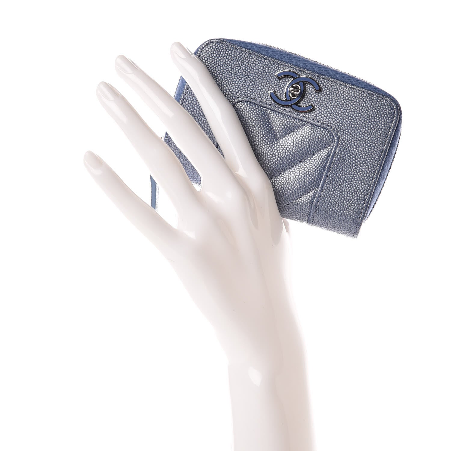 Chanel Metallic Caviar Chevron Quilted Vintage Mademoiselle Zip Coin Purse Light Blue 2 of 10