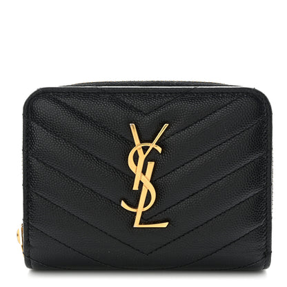 Saint Laurent Grain De Poudre Matelasse Chevron Monogram Compact Zip Around Wallet Black 1 of 11