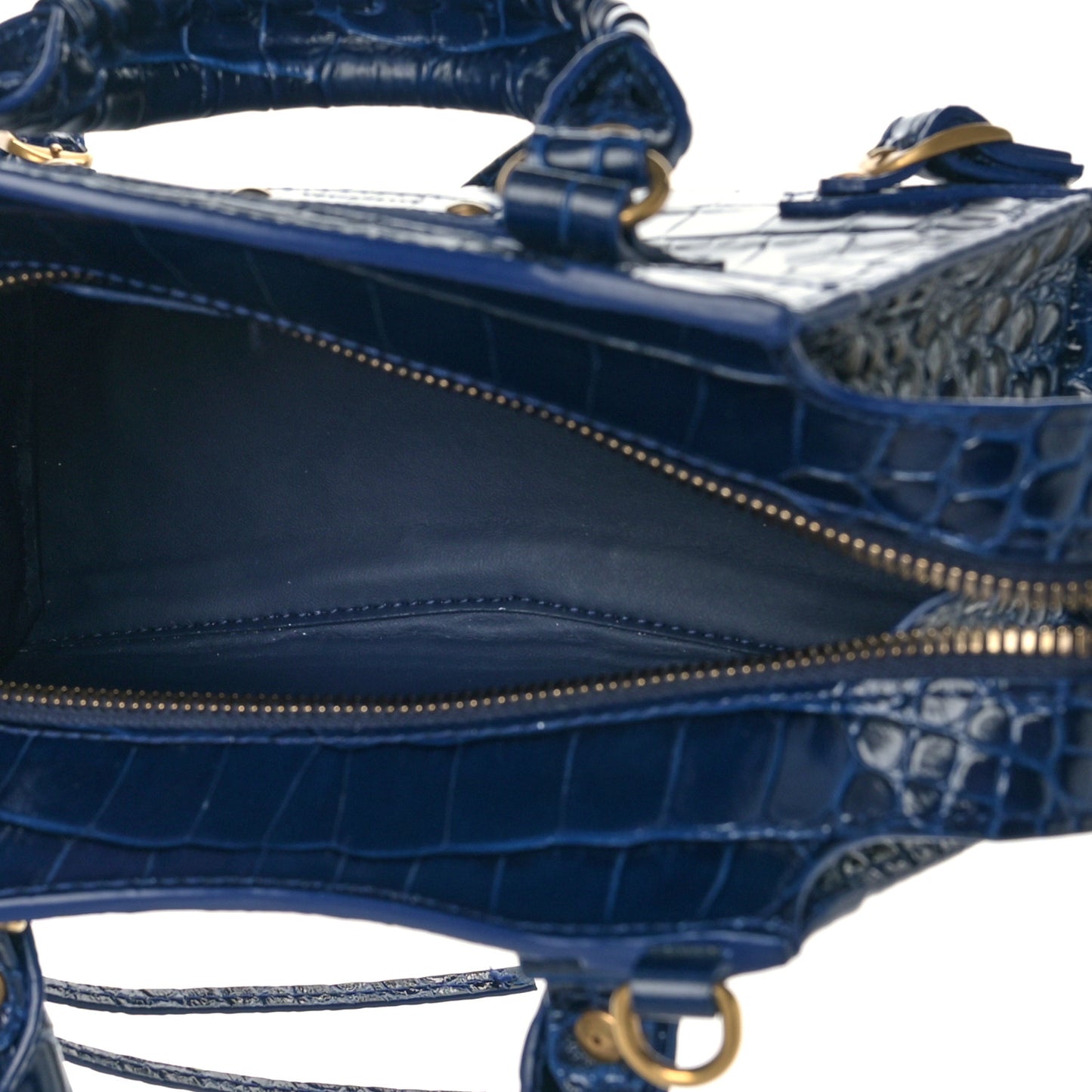 Shiny Supple Calfskin Crocodile Embossed Neo Classic Gold Hardware Mini City Navy