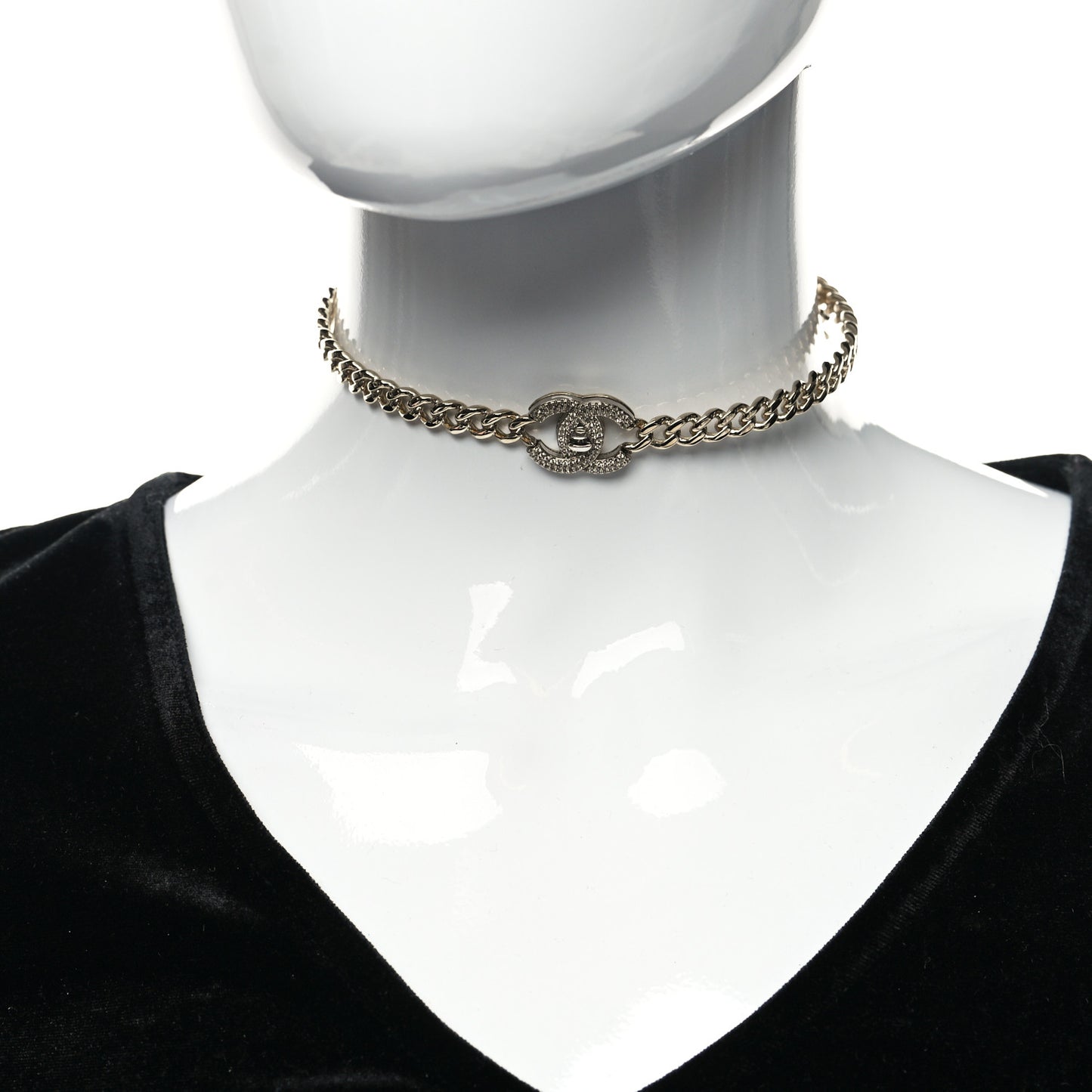 Crystal Chain Link CC Turnlock Choker Necklace Gold Silver