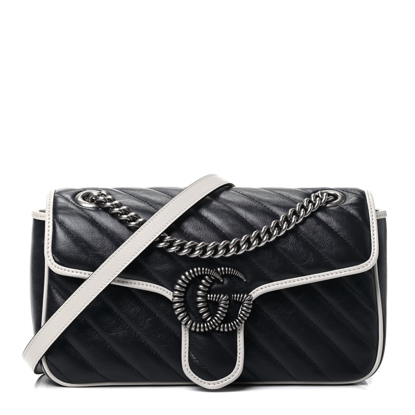 Vintage Effect Calfskin Matelasse Diagonal Small Torchon GG Marmont Shoulder Bag Blue Agata Mystic White