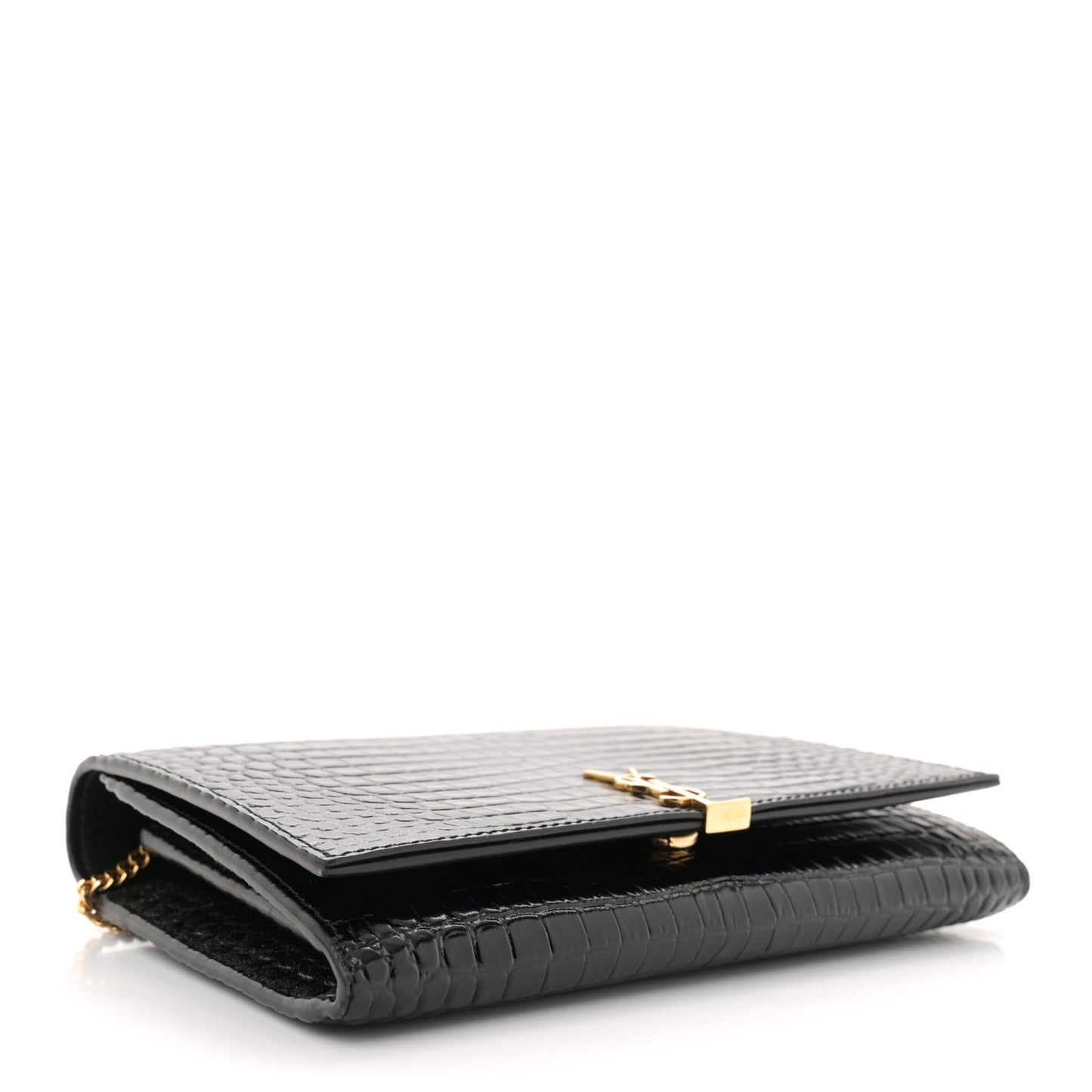 Calfskin Crocodile Embossed Monogram Chain Wallet Black