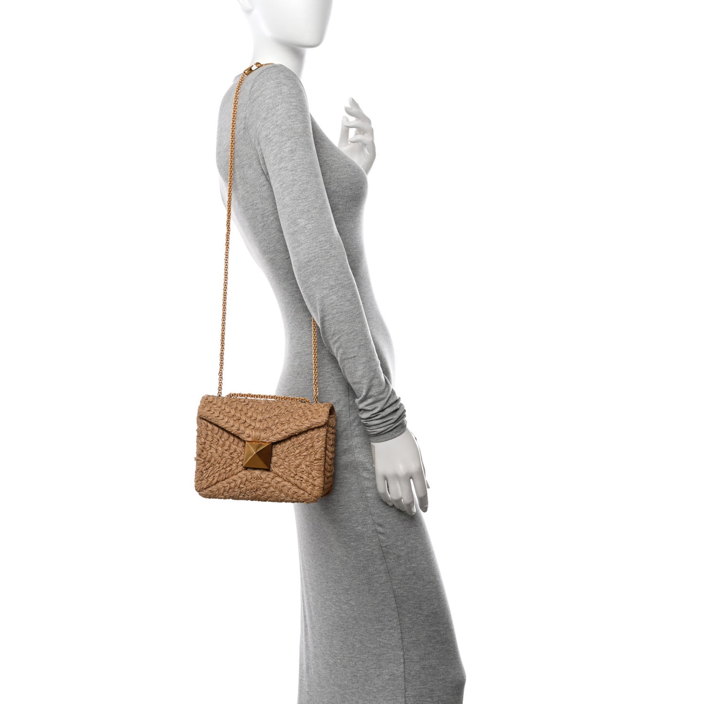 Raffia One Stud Chain Clutch Natural