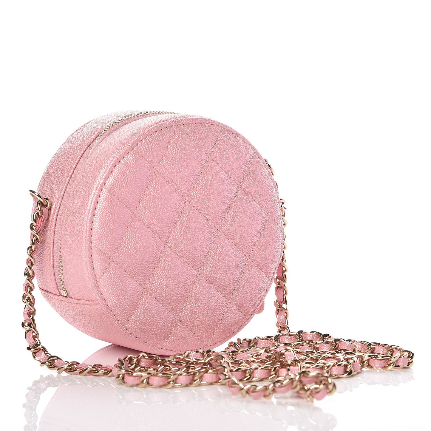 Iridescent Caviar Quilted Round Clutch With Chain Pink