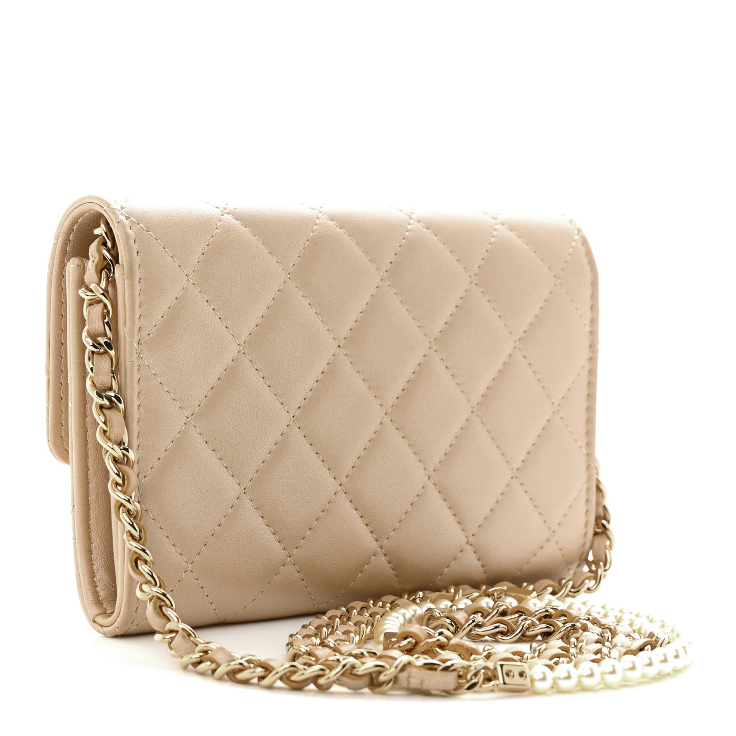 Lambskin Quilted Pearl My Shoulder Mini French Wallet On Chain WOC Light Beige