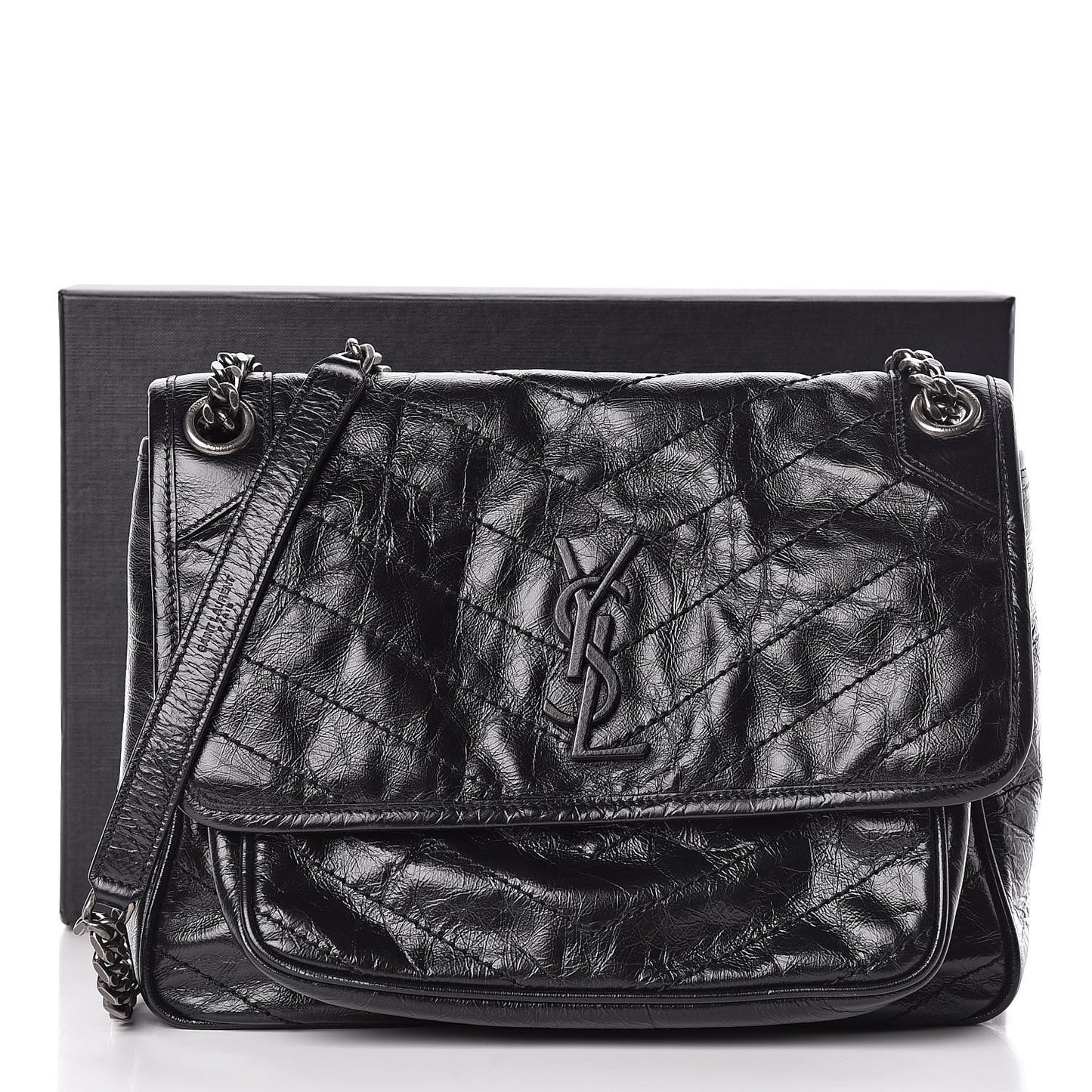 Crinkled Calfskin Matelasse Monogram Medium Niki Chain Satchel Black