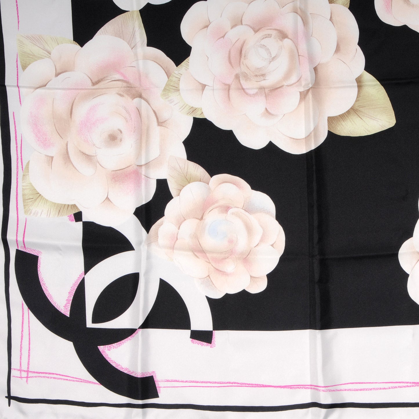 Silk Camellia Flower Scarf Black Beige