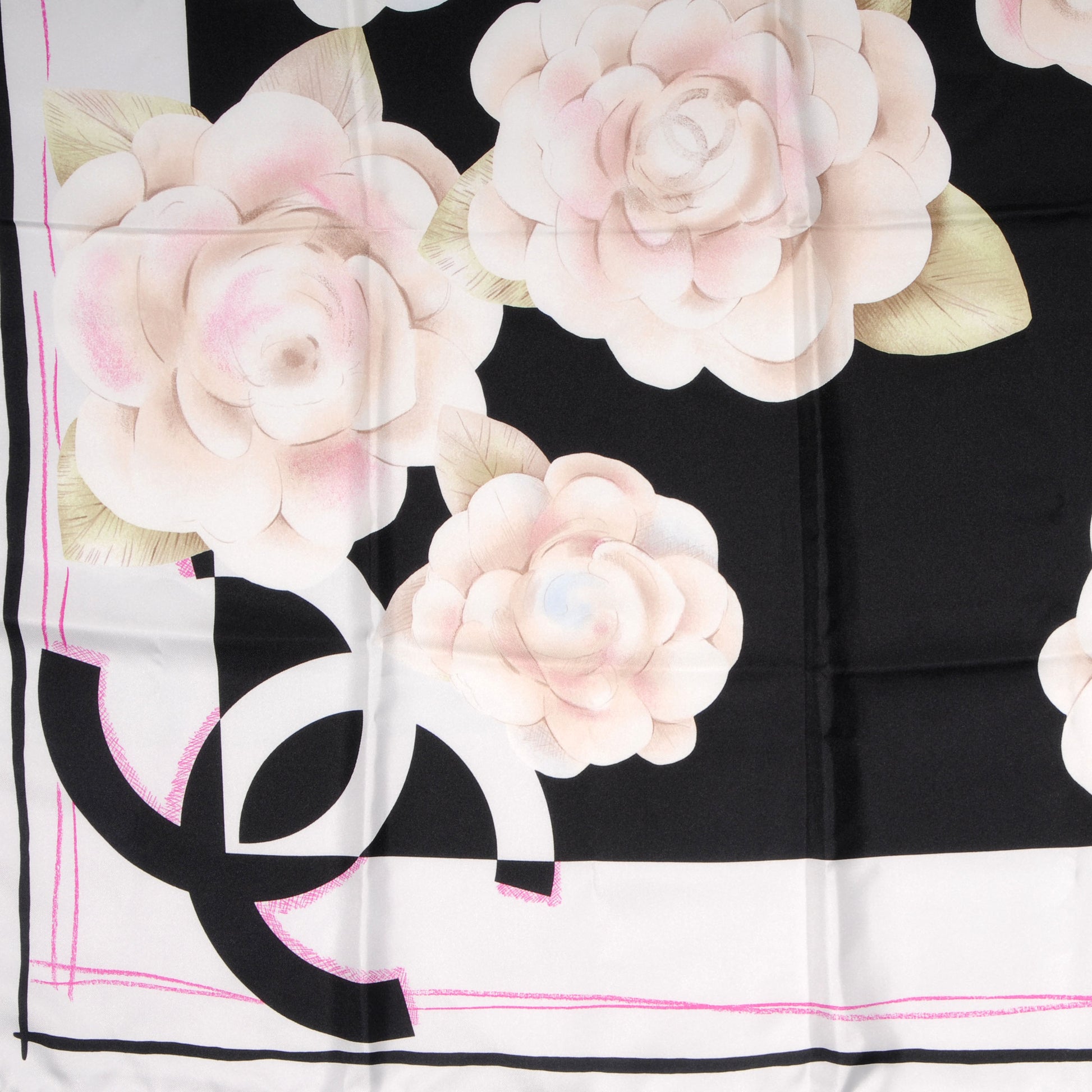 Chanel Silk Camellia Flower Scarf Black Beige 1 of 5