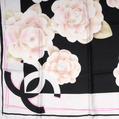 Chanel Silk Camellia Flower Scarf Black Beige 1 of 5