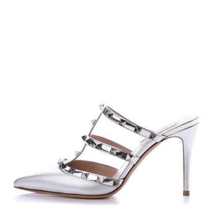Valentino Garavani Metallic Pebbled Calfskin Rockstud 90mm Cage Mules 37 Silver 1 of 9