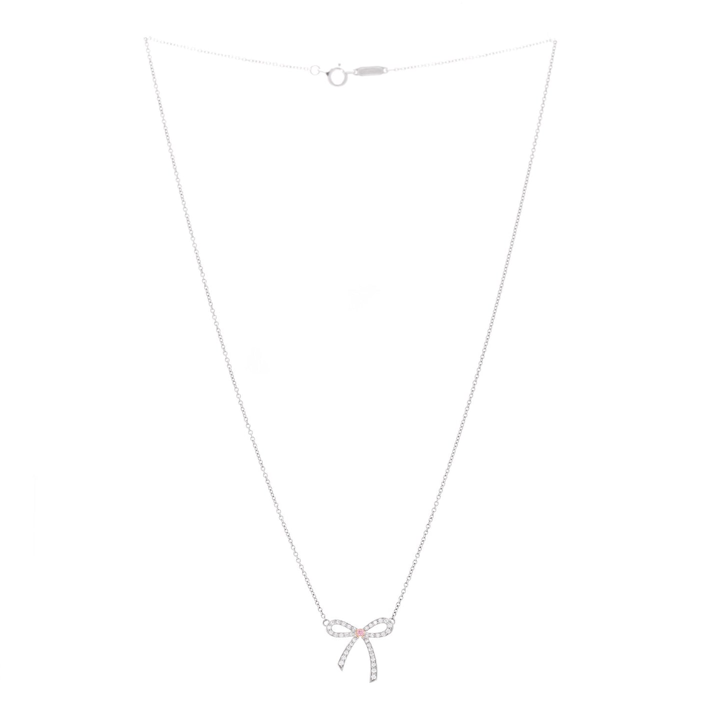 Platinum 18K Rose Gold Pink Diamond Mini Bow Pendant Necklace