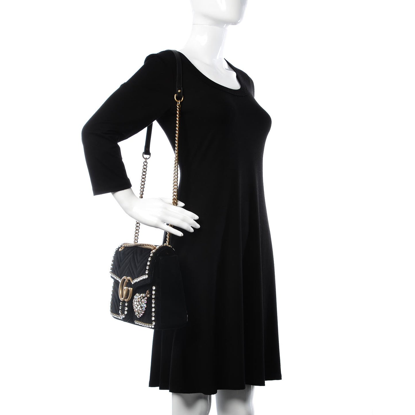 Velvet Matelasse Crystal Medium GG Marmont Shoulder Bag Black