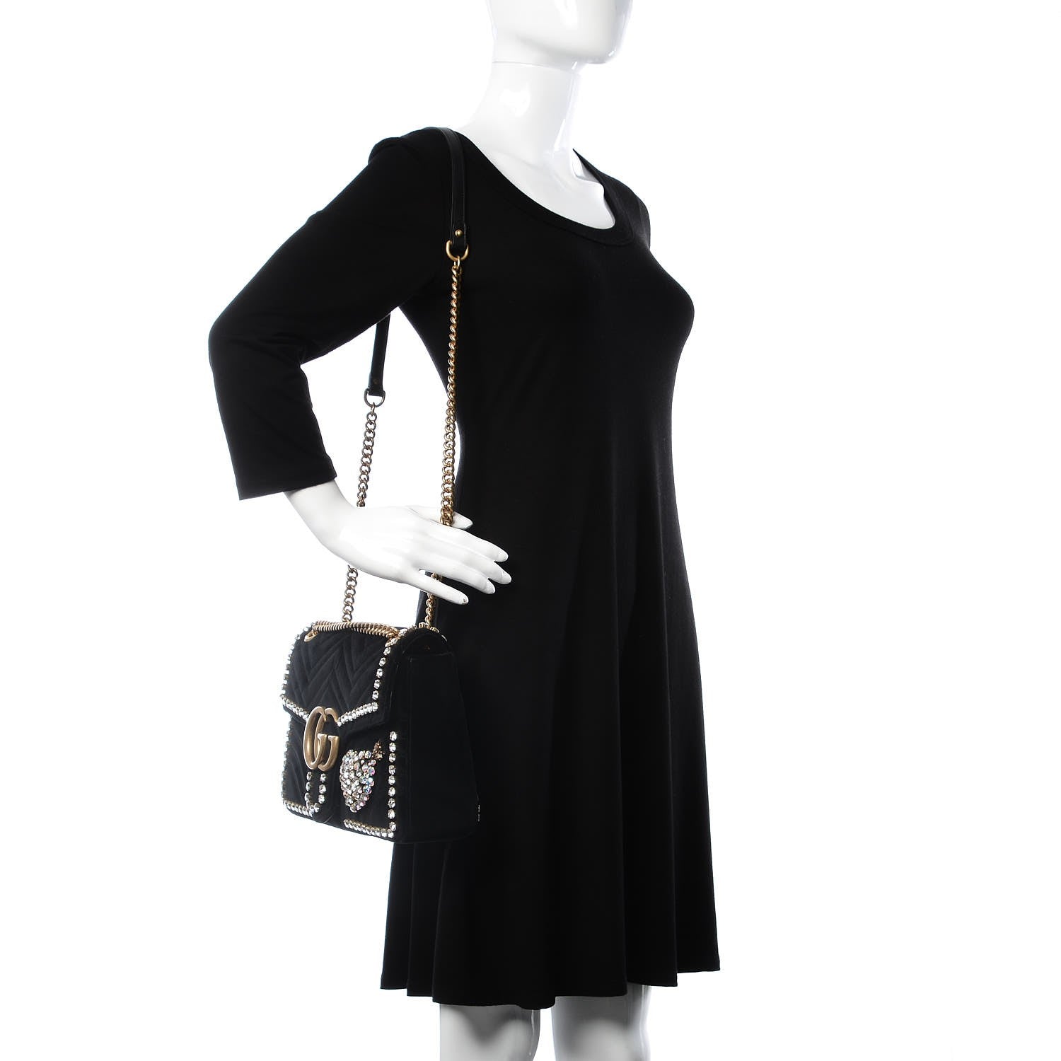 Gucci Velvet Matelasse Crystal Medium GG Marmont Shoulder Bag Black 2 of 9