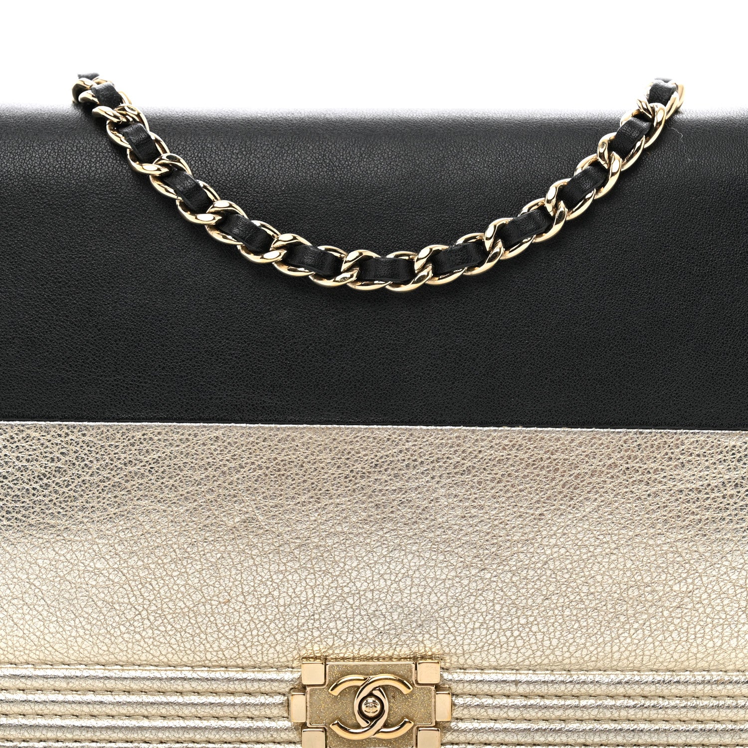 Chanel Metallic Goatskin Lambskin Boy Wallet on Chain WOC Black Gold 6 of 12