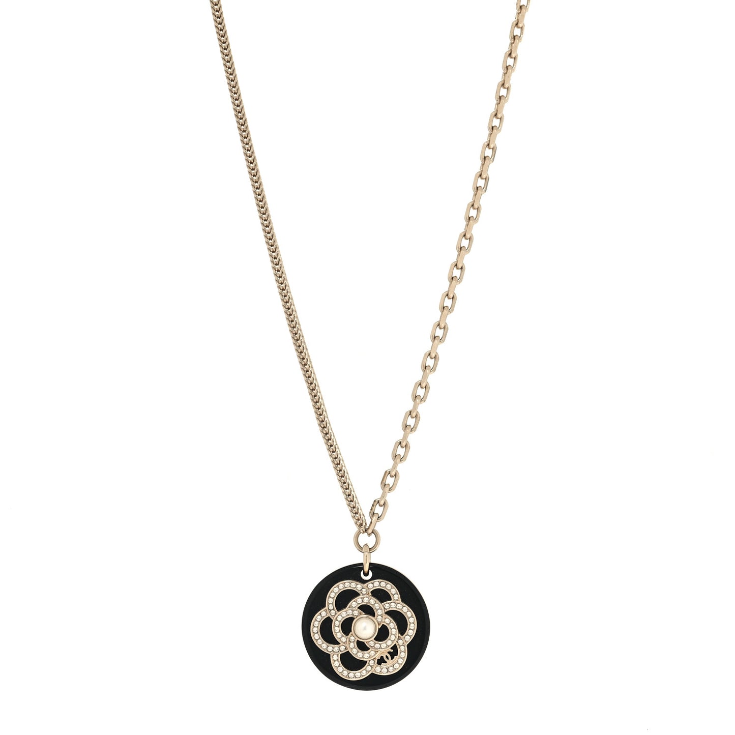 Resin Pearl Crystal Camellia CC Necklace Black Gold Gold