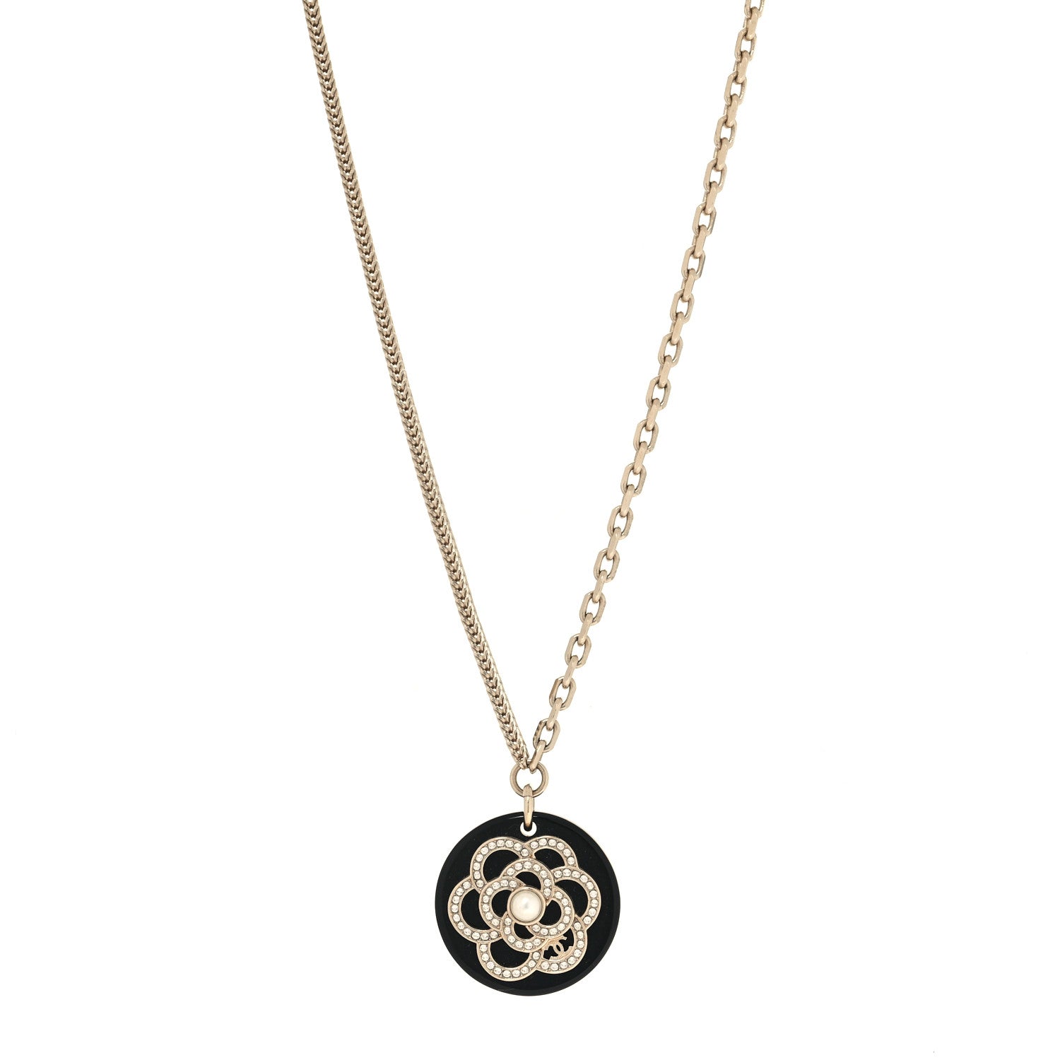 Chanel Resin Pearl Crystal Camellia CC Necklace Black Gold Gold 1 of 5