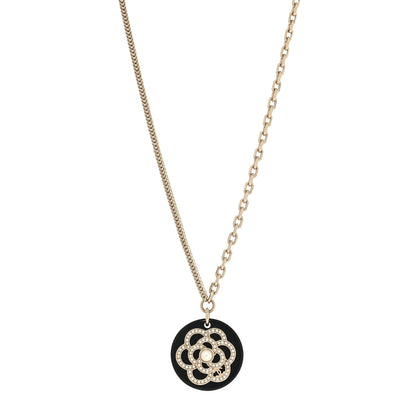 Chanel Resin Pearl Crystal Camellia CC Necklace Black Gold Gold 1 of 5