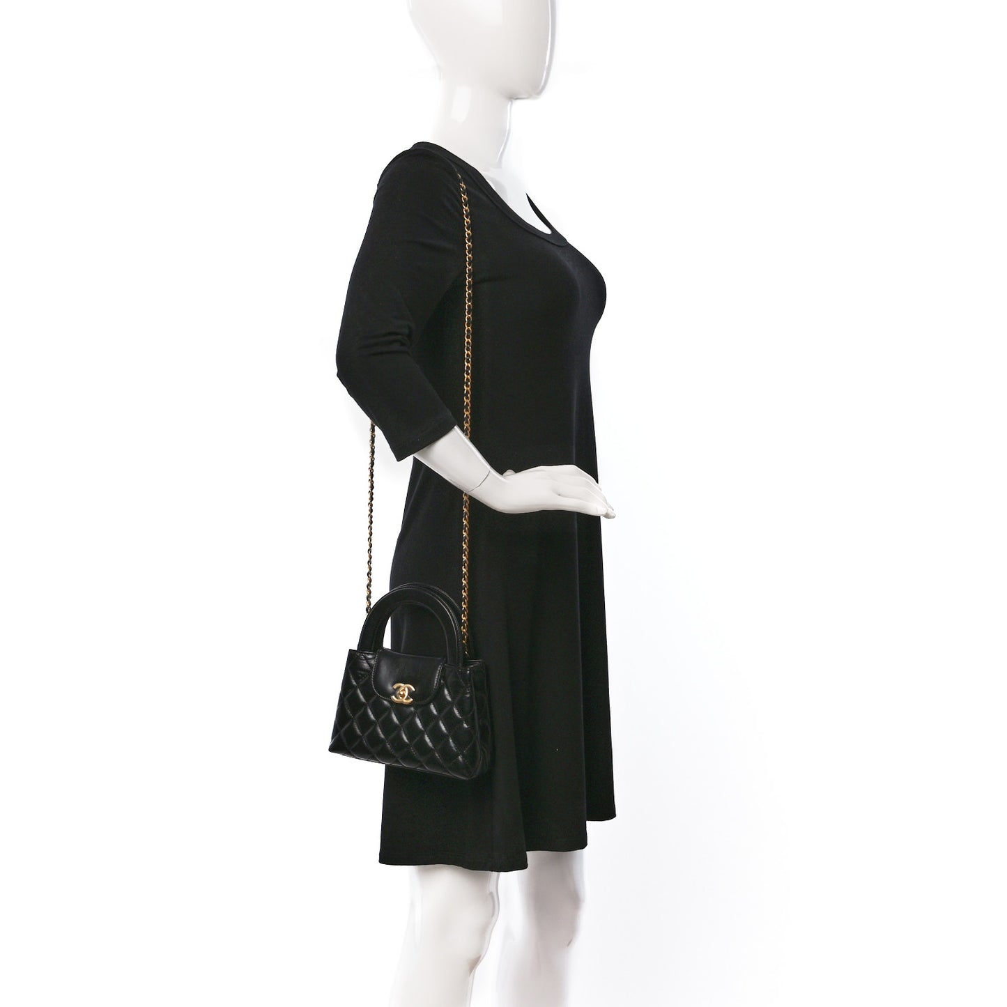 Shiny Aged Calfskin Quilted Nano Kelly Shopper Black