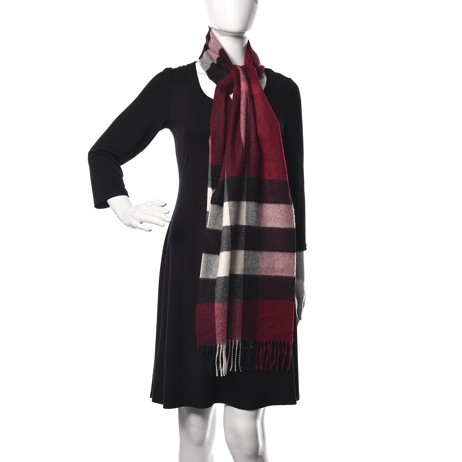 Burberry Cashmere Classic Check Fringe Scarf Claret 2 of 4