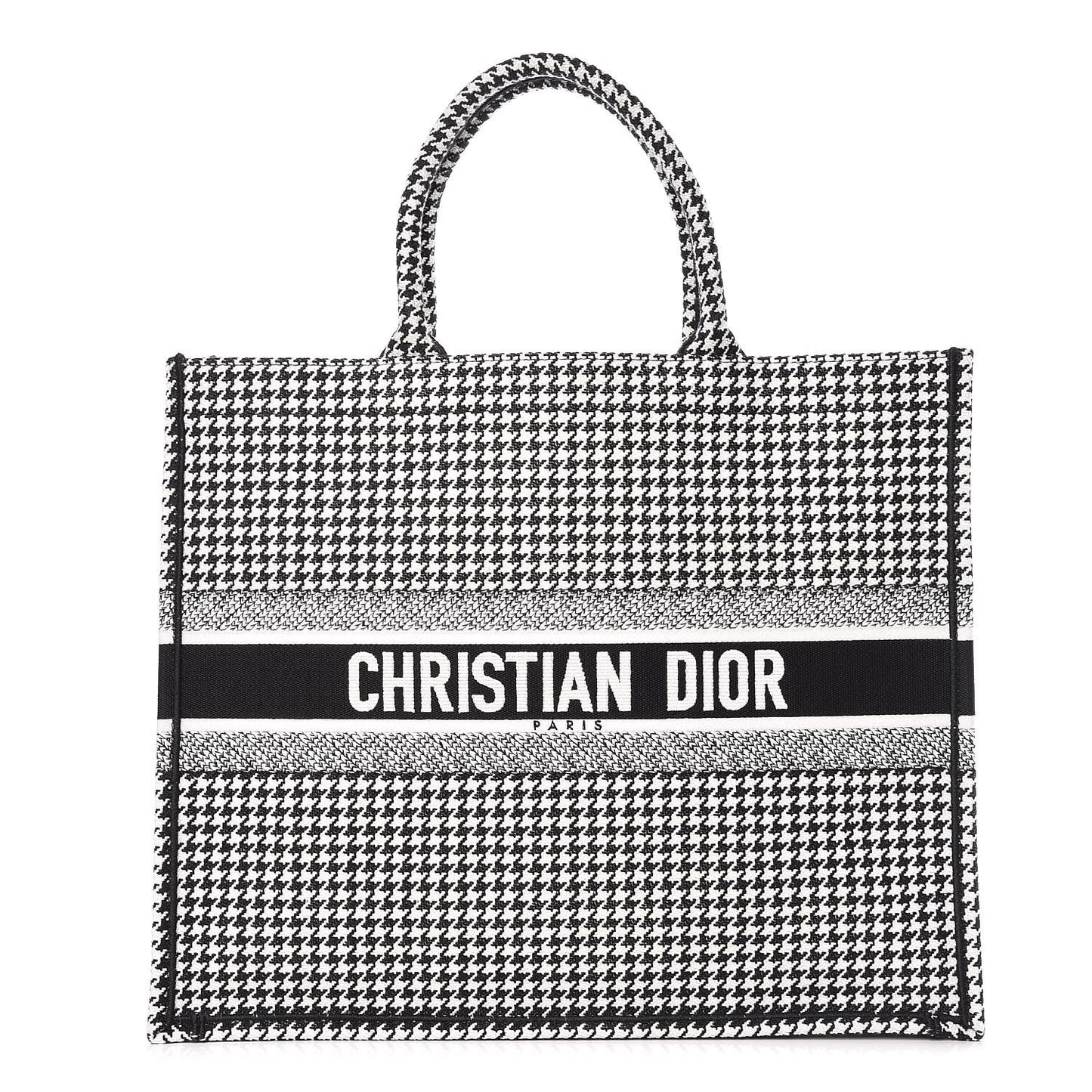 Canvas Houndstooth Embroidered Book Tote Black White