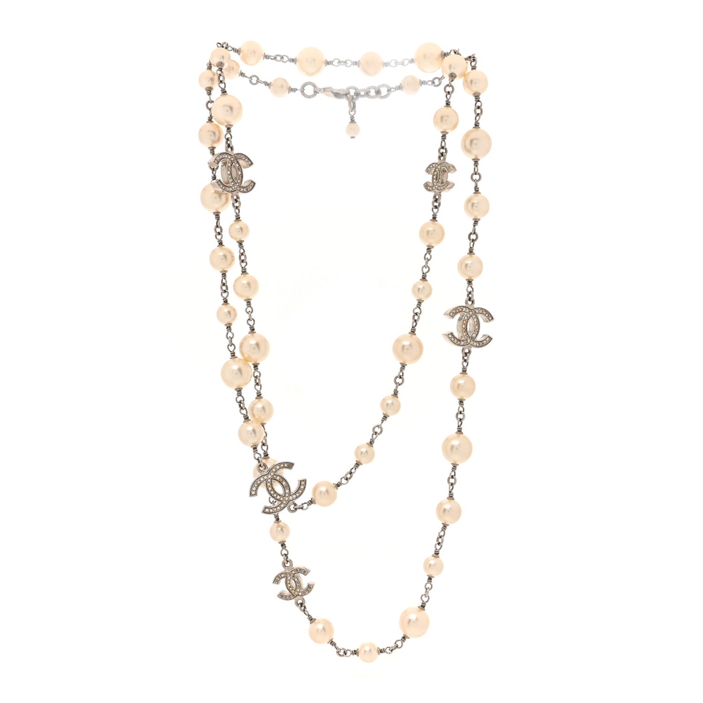 Crystal Pearl CC Long Necklace Silver