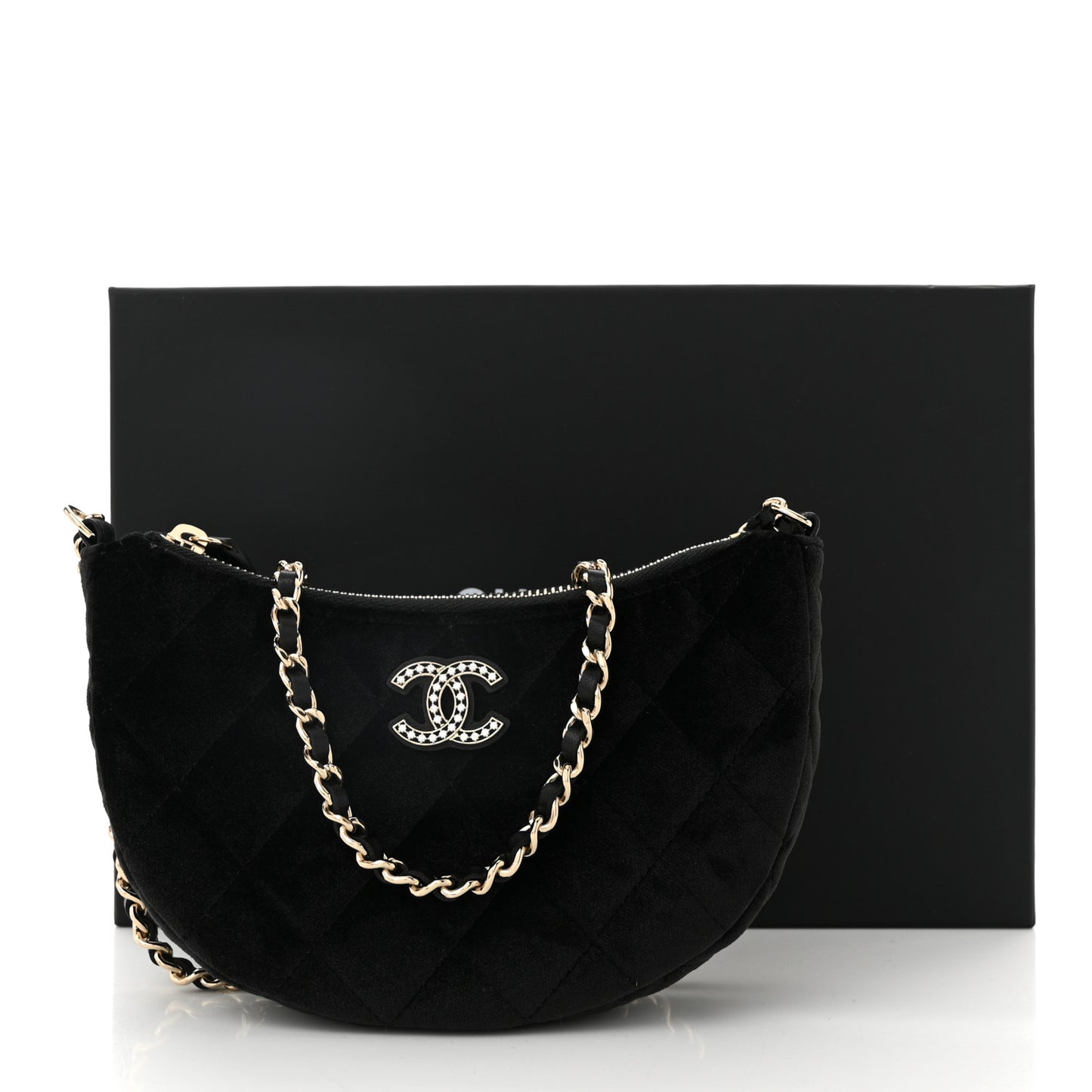 Velvet Crystal Quilted Chain Hobo Black