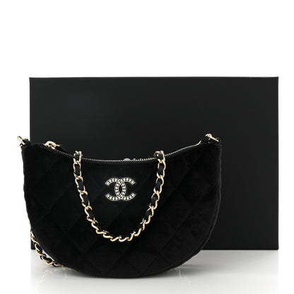 Chanel Velvet Crystal Quilted Chain Hobo Black 11 of 11