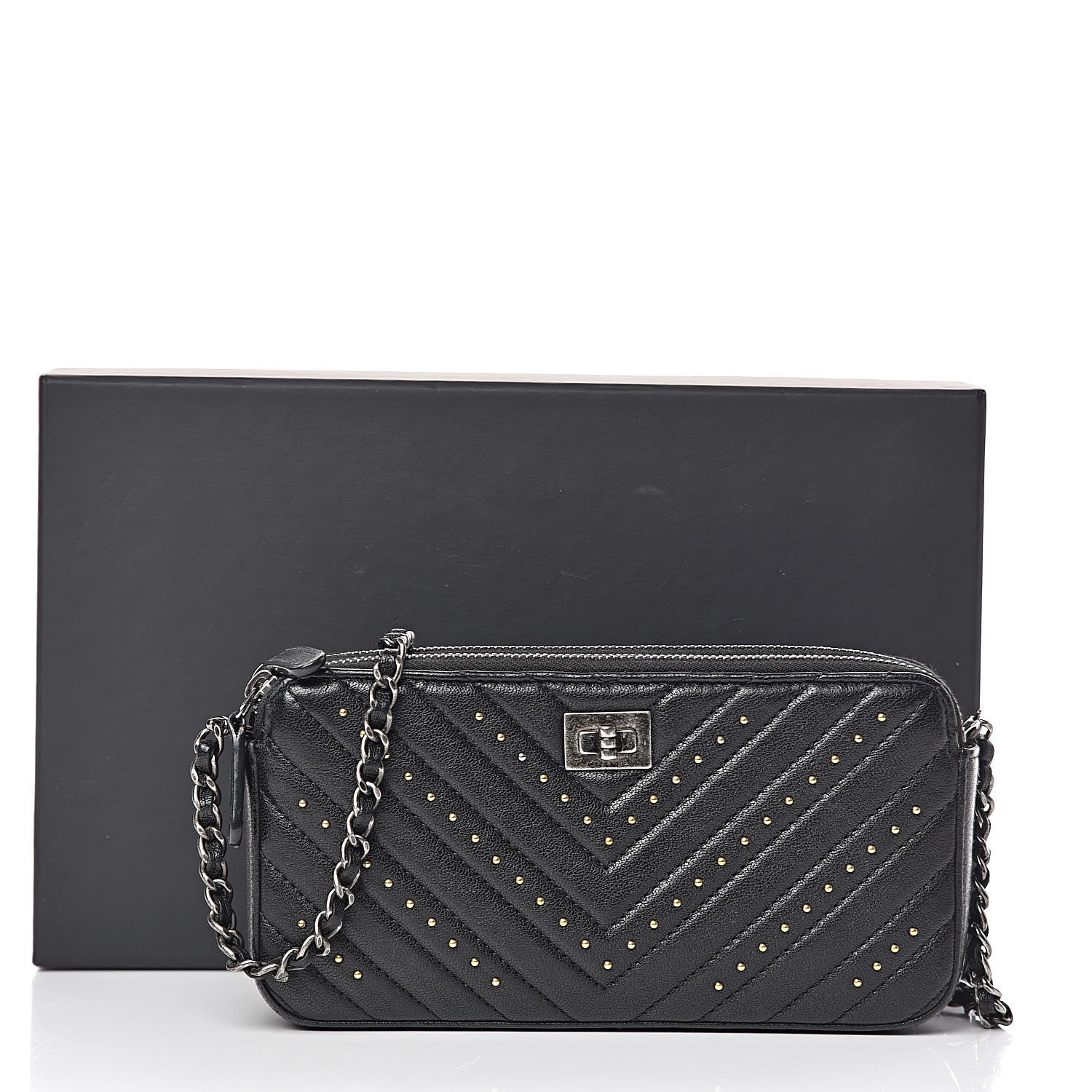 Chanel Sheepskin Chevron Quilted Studded Reissue Small Clutch With Chain Black 15 of 15