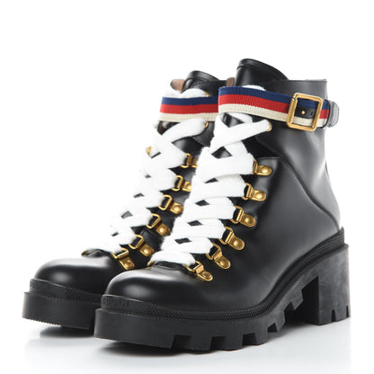Gucci Calfskin Sylvie Web Lace Up Combat Boots 36 Black 3 of 11