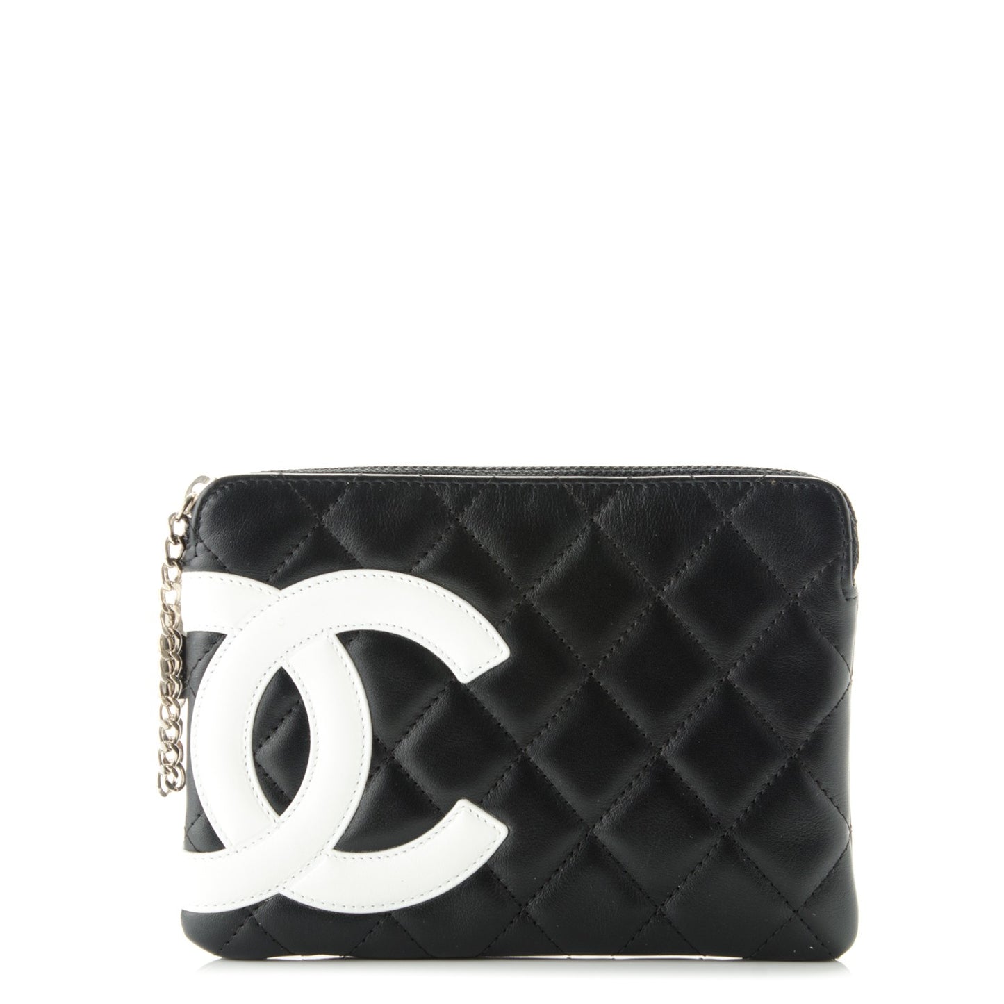 Calfskin Quilted Cambon Cosmetic Pouch Black White