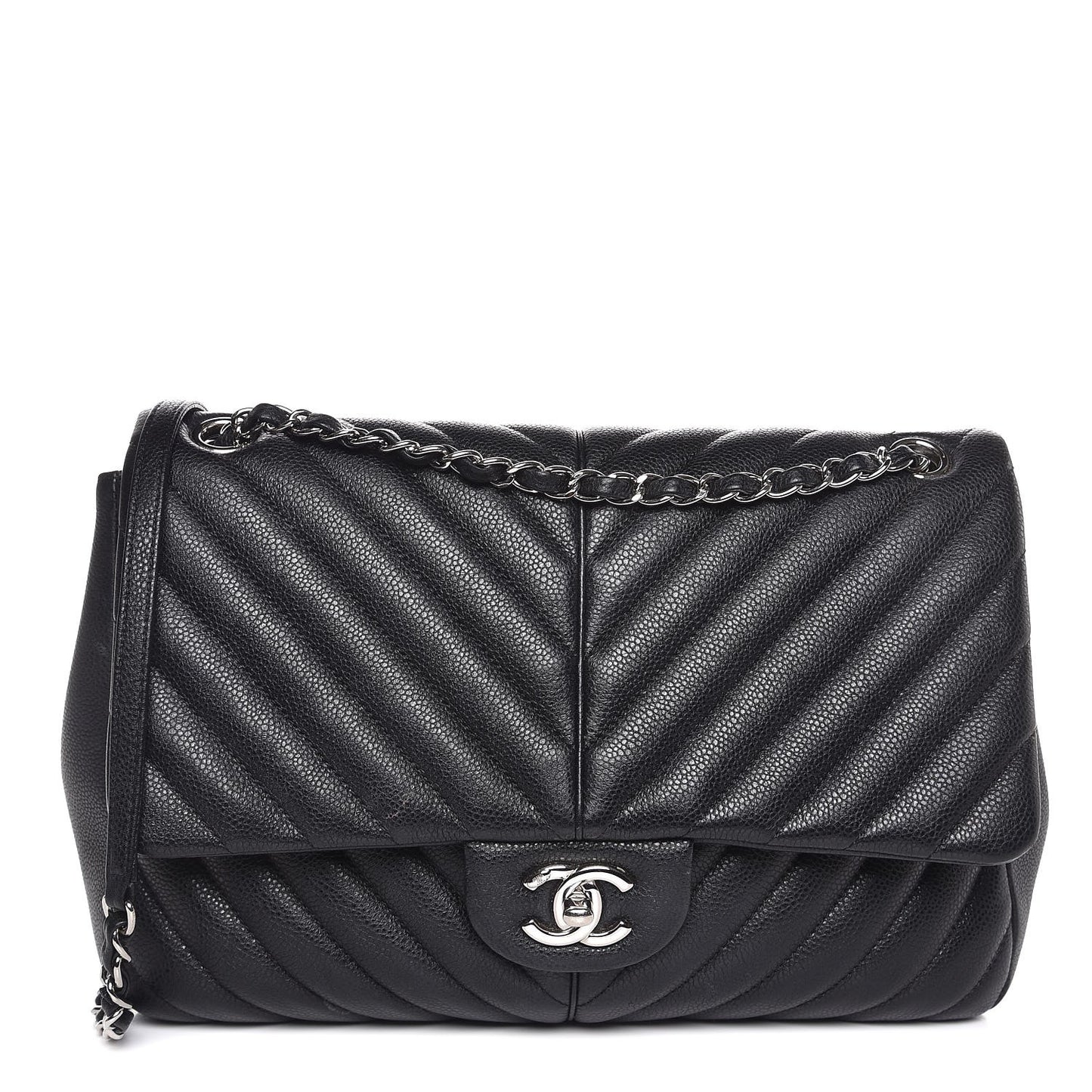 Caviar Chevron Quilted Large Puffy CC Flap Black