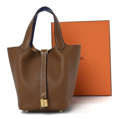 Hermes Taurillon Clemence Swift Eclat Picotin Lock 18 PM Gold Bleu France 11 of 11