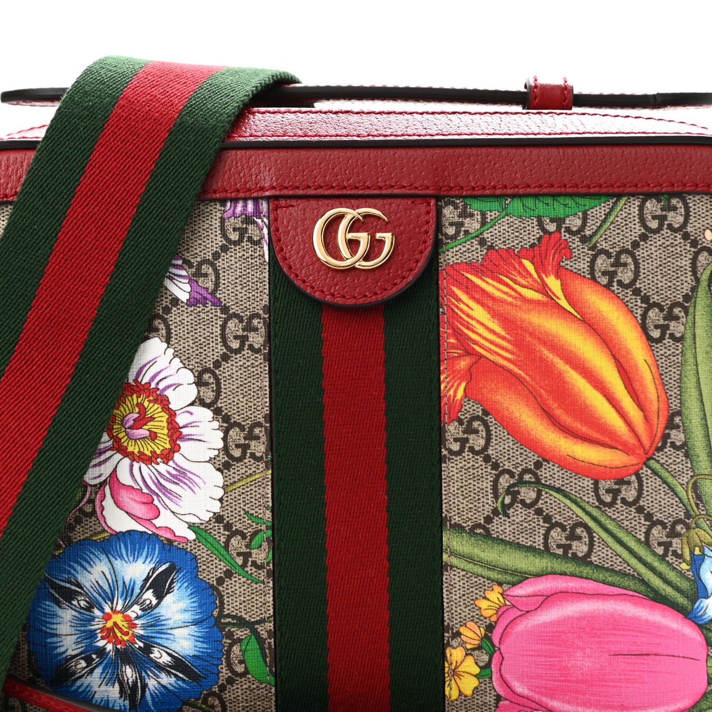 GG Supreme Monogram Flora Web Small Ophidia Top Handle Shoulder Bag Hibiscus Red