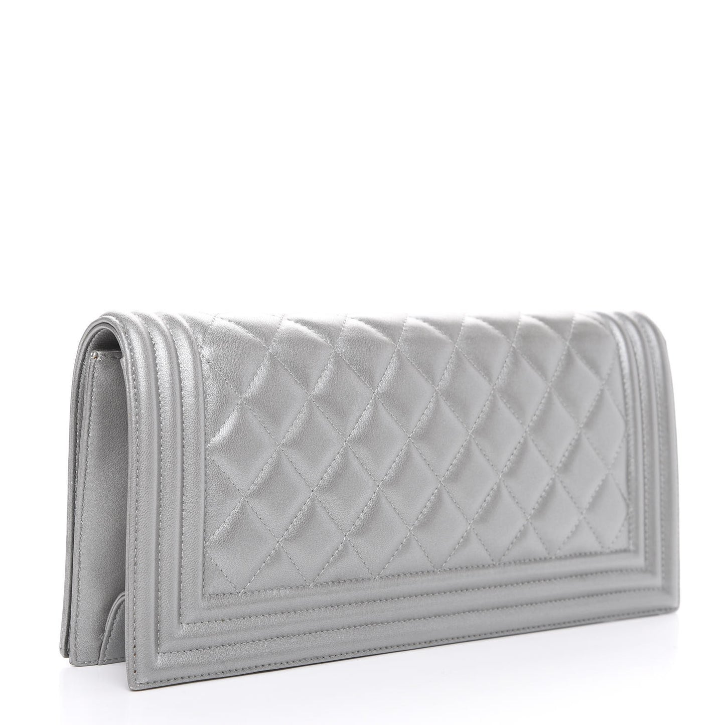 Metallic Lambskin Quilted Boy Flap Clutch Silver