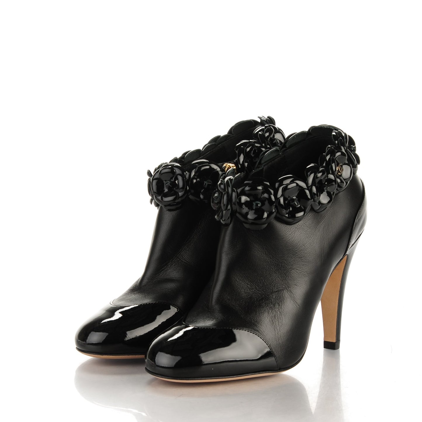 Lambskin Patent Calfskin Cap Toe Camellia Short Boots 35 Black