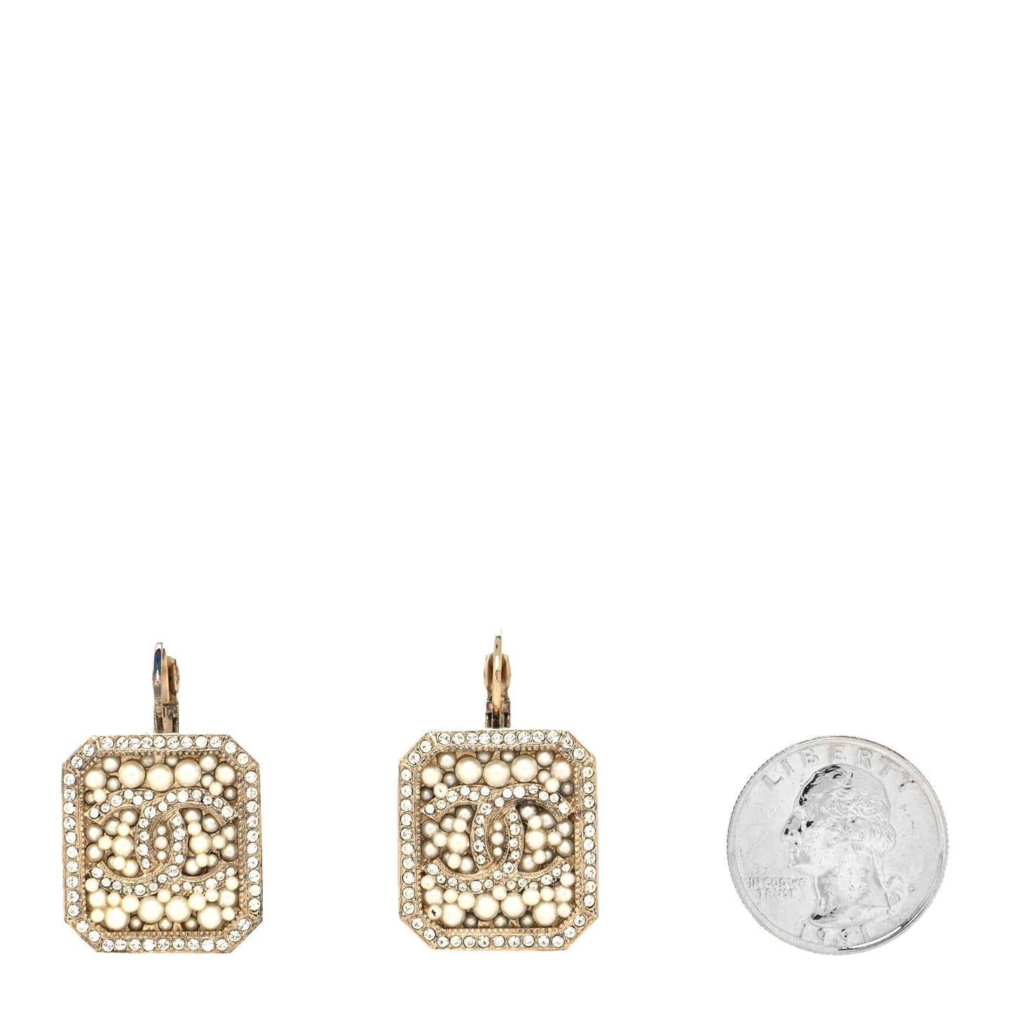 Crystal Pearl CC Square Drop Earrings Gold Pearly White