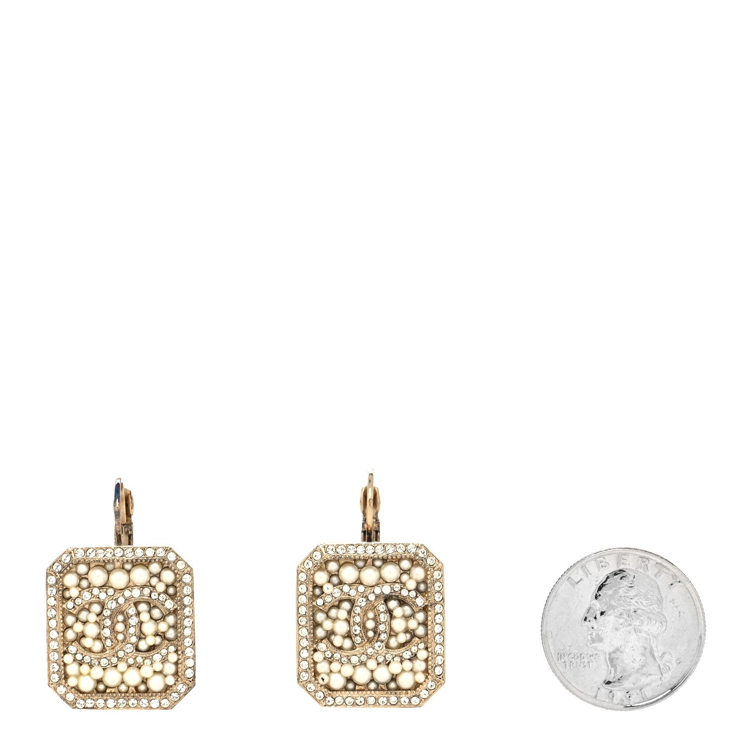 Chanel Crystal Pearl CC Square Drop Earrings Gold Pearly White 2 of 5