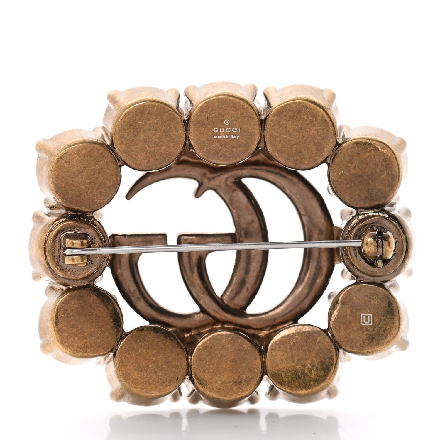 Gucci Metal Crystal Double G Brooch Aged Gold 3 of 6