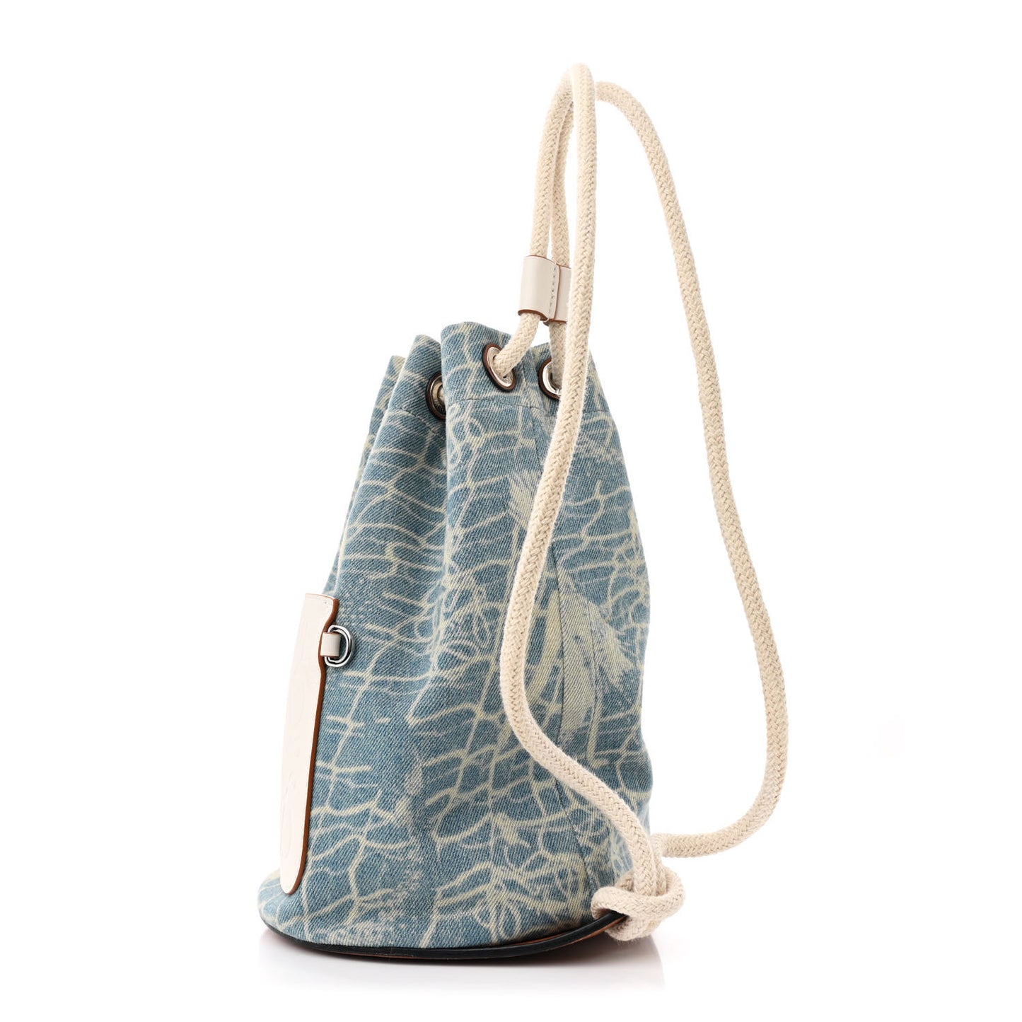 Denim Calfskin Mermaid Print Paula's Ibiza Bucket Bag Blue Tan