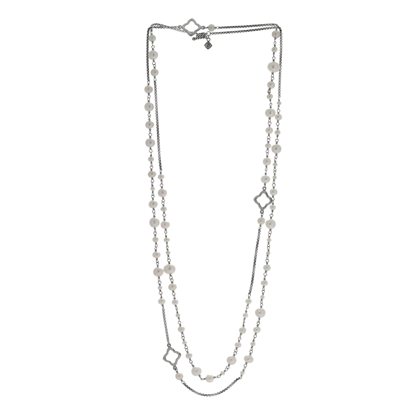 Sterling Silver Cultured Pearl Quatrefoil Long Chain Necklace