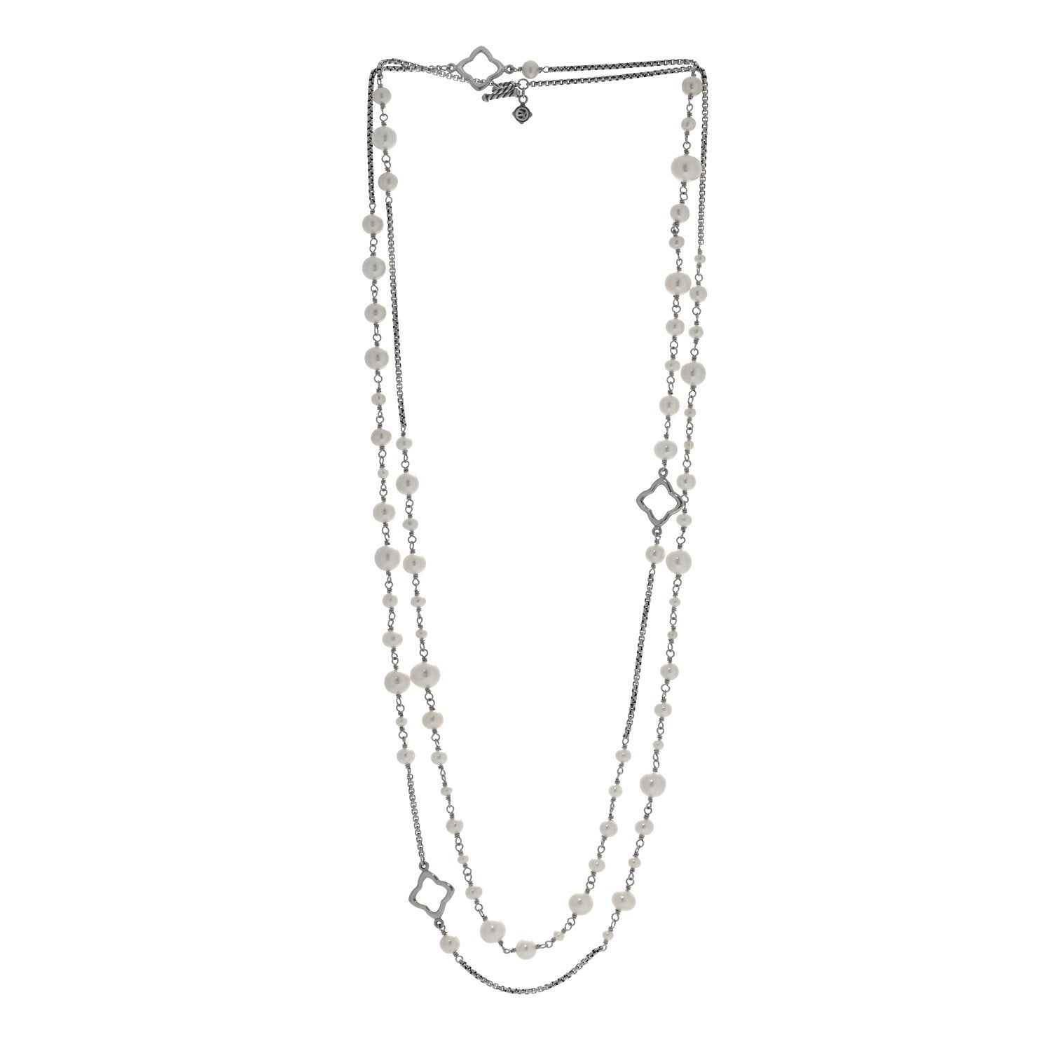 David Yurman Sterling Silver Cultured Pearl Quatrefoil Long Chain Necklace 3 of 4