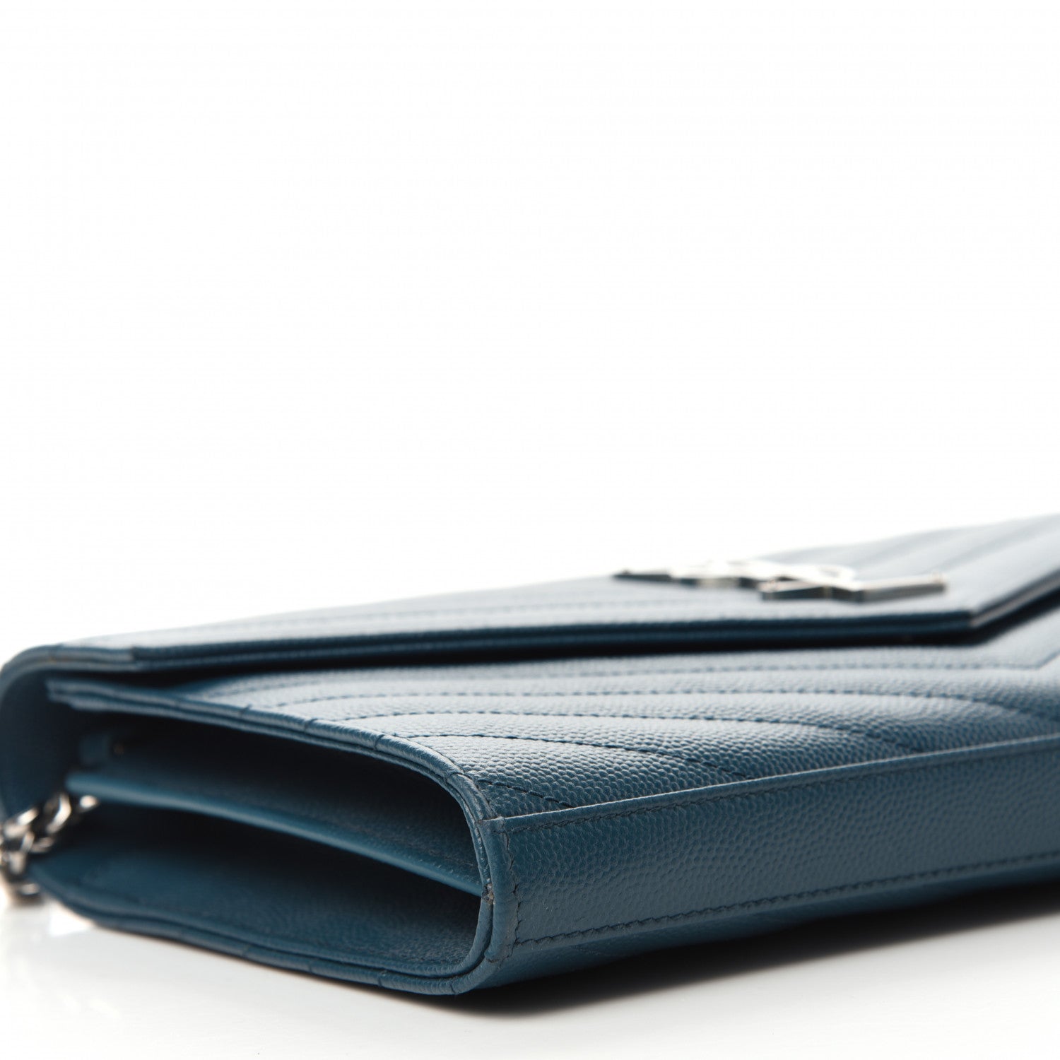 Saint Laurent Grain De Poudre Matelasse Chevron Monogram Chain Wallet Petrol Green 8 of 10