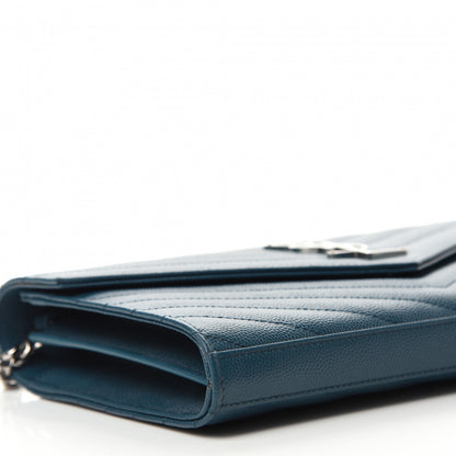 Saint Laurent Grain De Poudre Matelasse Chevron Monogram Chain Wallet Petrol Green 8 of 10