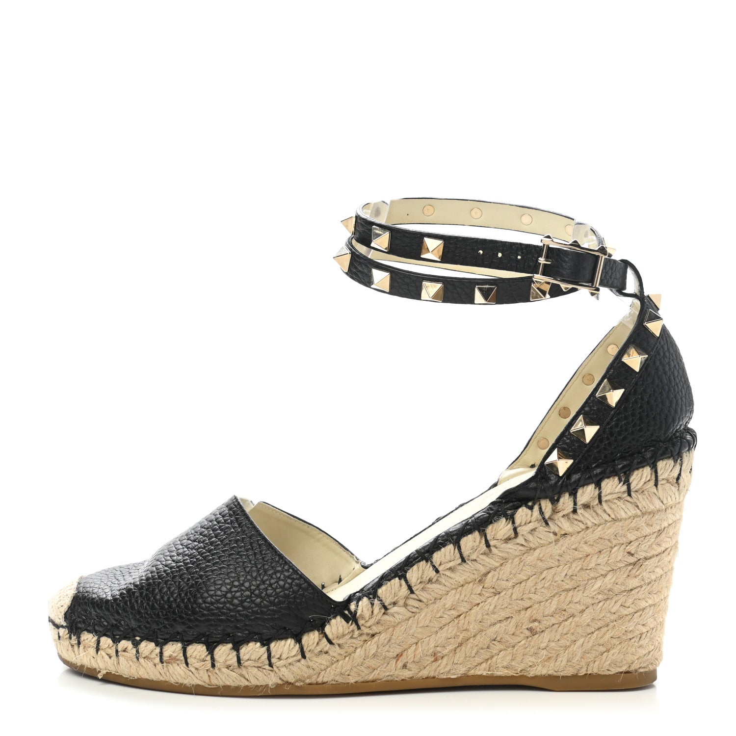 Valentino Garavani Grained Calfskin Rockstud Ankle Wrap Espadrille 15/85mm Wedges 38 Black Light Ivory 1 of 8