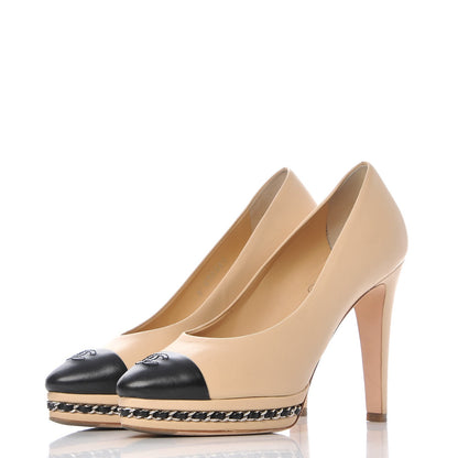 Chanel Calfskin CC Cap Toe Platform Chain Pumps 37 Beige Black 3 of 14