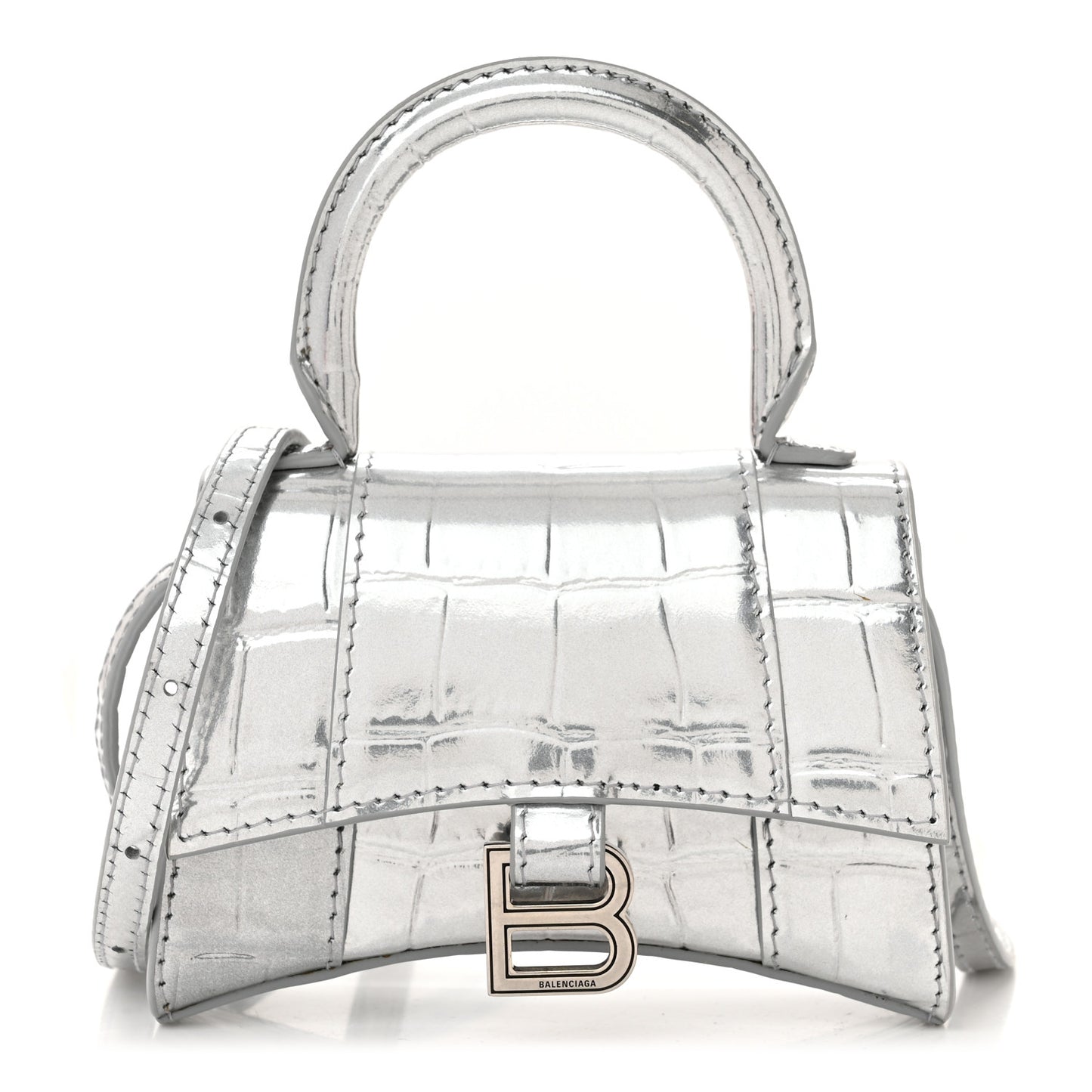 Metallic Calfskin Crocodile Embossed Hourglass Top Handle Bag Mini Silver